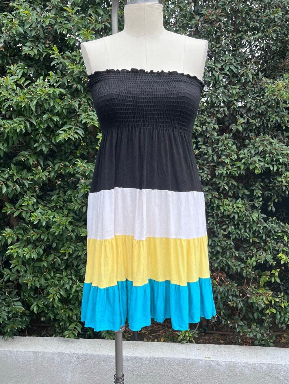Boho Y2K Moa Moa USA Made Strapless Colorblock Smocked Mini Dress Small